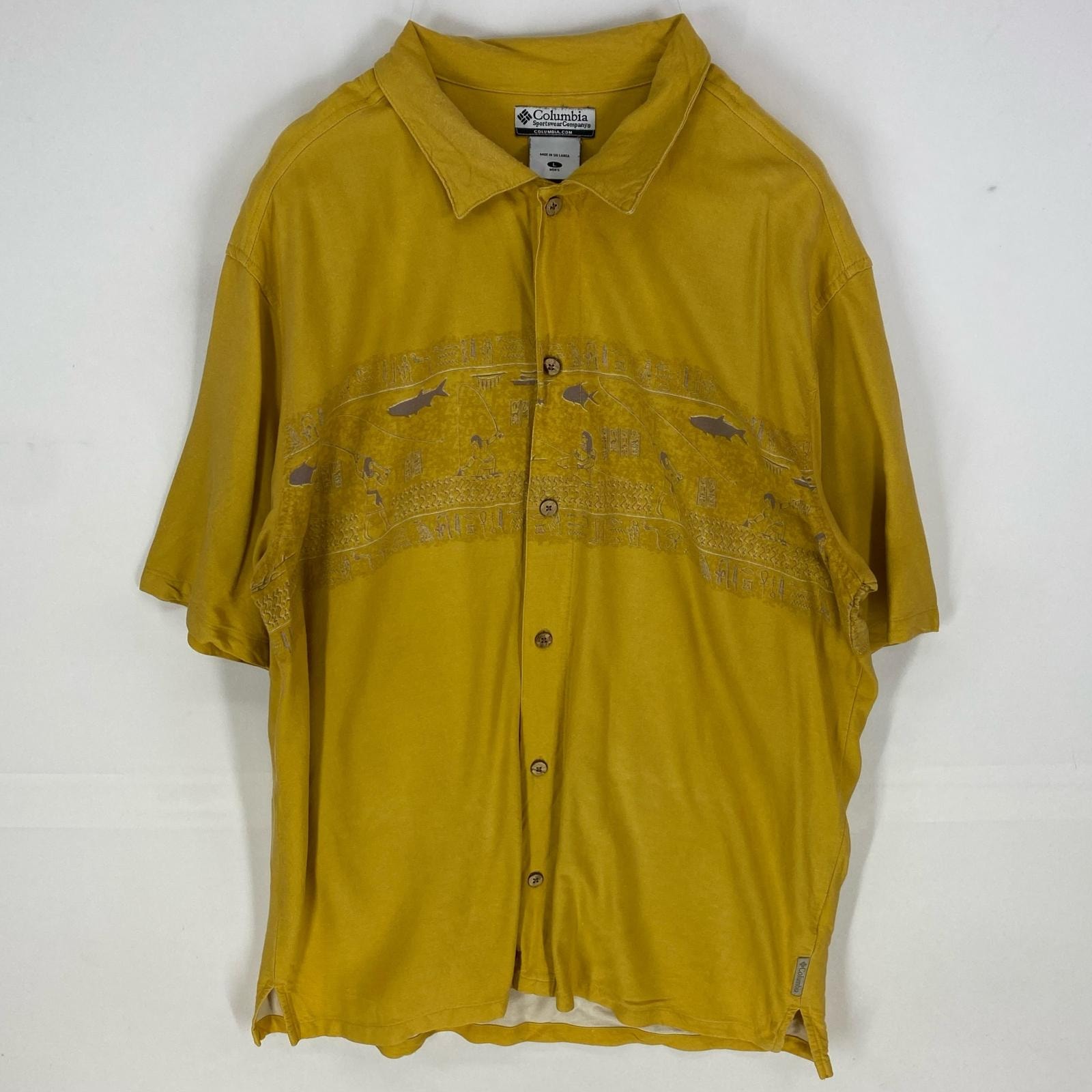 古着 コロンビア Columbia 半袖シャツ フィッシング レーヨンシャツ アウトドア 柄シャツ L  イエロー系 総柄 メンズ