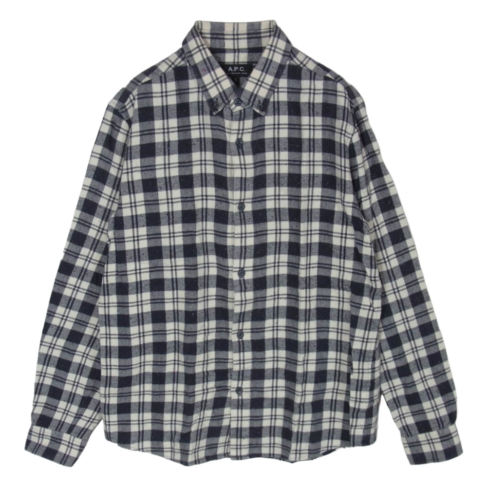 A.P.C. アーペーセー シルクネップ ボタンフライ 長袖 チェック チェック ネイビー系 S【中古】