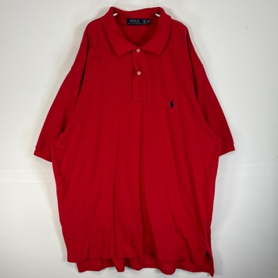 古着 ポロ・ラルフローレン POLO RALPH LAUREN 鹿の子 半袖 ポロシャツ ロゴ 刺繍 2ボタン 大きいサイズ XL レッド 無地 メンズ