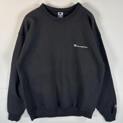 古着 90's/90年代 チャンピオン Champion スウェット トレーナー ワンポイントロゴ刺繍 クルーネック ワッペン L ブラック メンズ