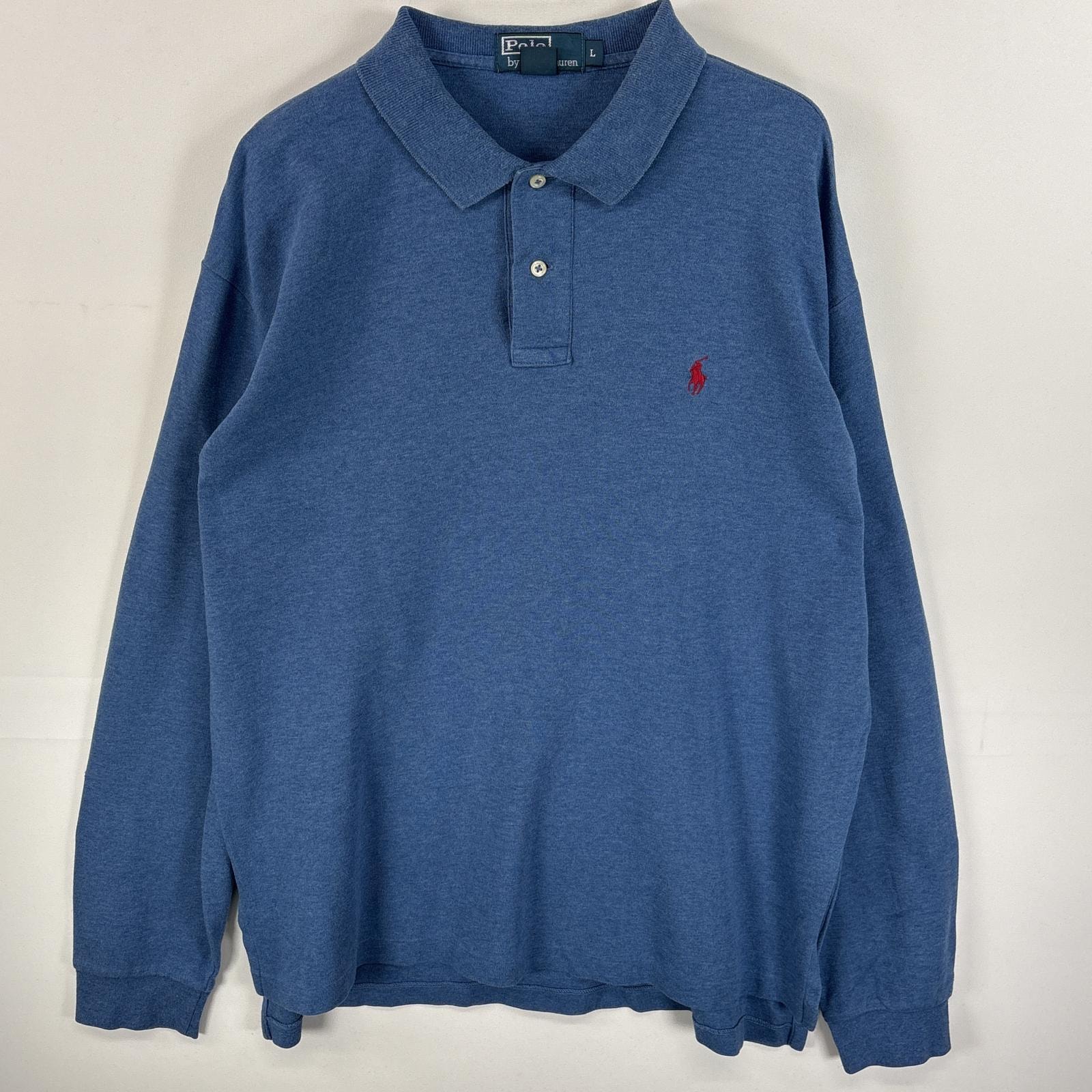 古着 90's/90年代 ポロバイラルフローレン Polo by Ralph Lauren 長袖 ポロシャツ ワンポイント ロゴ 刺繍 2ボタン 混色生地 L  ブルー系 無地 メンズ