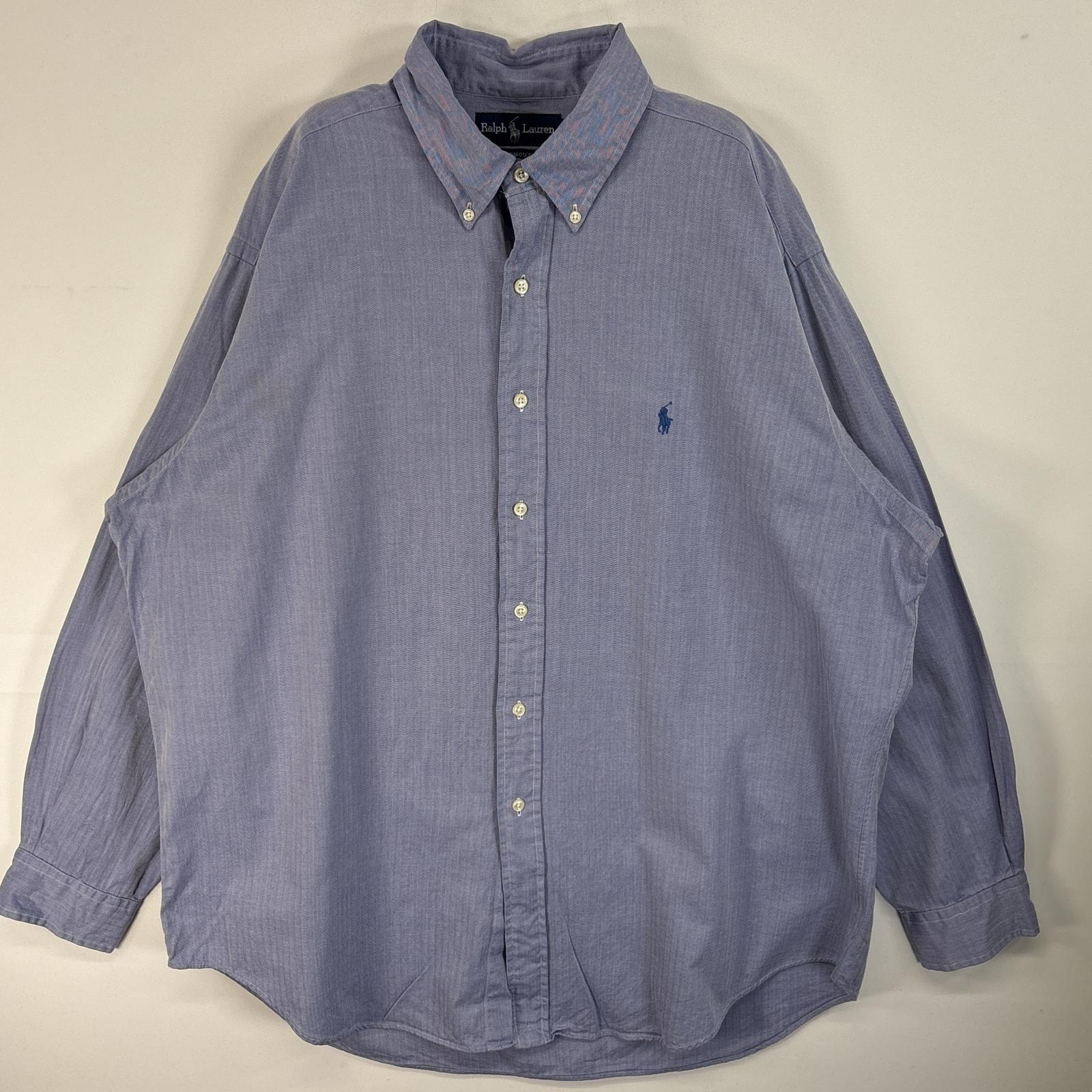 古着 90's/90年代 ラルフローレン RALPH LAUREN ヘリンボーン 長袖シャツ ロゴ 刺繍 ボタンダウン 大きいサイズ 17 XL  ブルー系 無地 メンズ