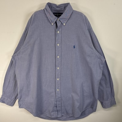 古着 90's/90年代 ラルフローレン RALPH LAUREN ヘリンボーン 長袖シャツ ロゴ 刺繍 ボタンダウン 大きいサイズ 17 XL ブルー系 無地 メンズ