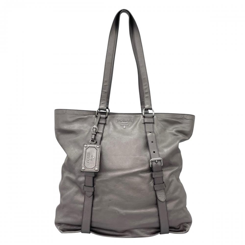 PRADA プラダ トートバッグ ベルテッド レザー メタリック 肩掛け レザー    グレー シルバー金具 レディース【中古品】