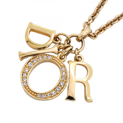 【6jdb0093-k】クリスチャンディオール ネックレス ディオールロゴ GPメッキ ラインストーン ゴールド【中古】レディース