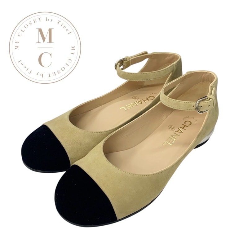 シャネル CHANEL パンプス 靴 シューズ スエード ベロア ベージュ ブラック ココマーク メリージェーン ストラップ