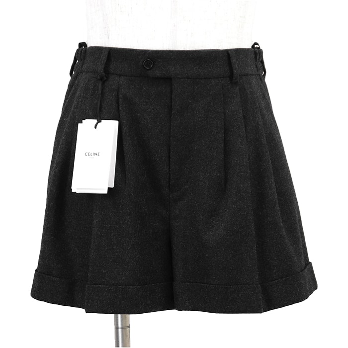 SALE【未使用】CELINE セリーヌ パンツ ショート サイズ 50 メンズ ショーツ ウールフラノ セミイージー 3タックワイド ハーフ ボトムス タグ・ボタン・ハンガー付属 ダークグレー 灰色 イタリア製