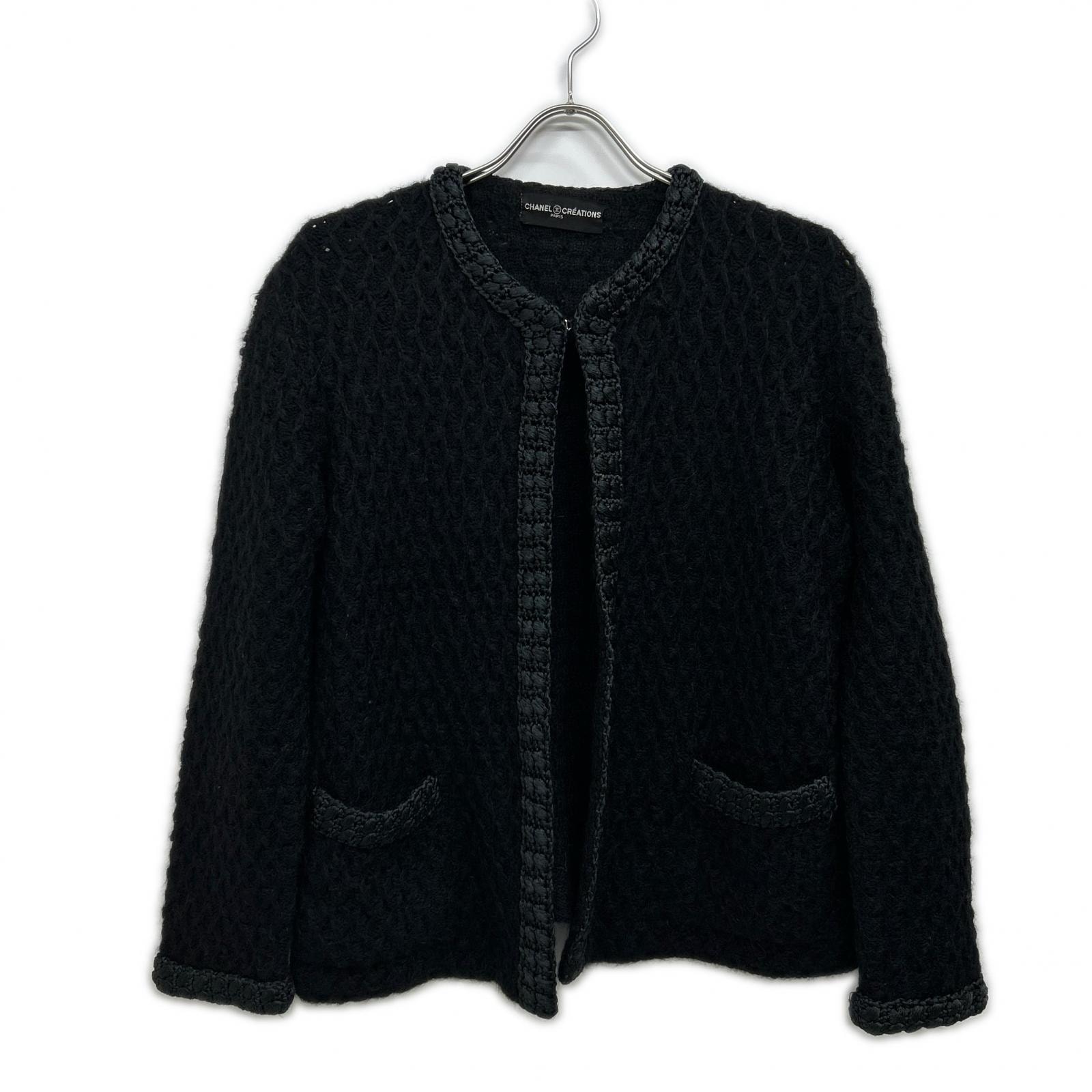 シャネル CREATIONS ブラック ウール ノーカラーカーディガン M