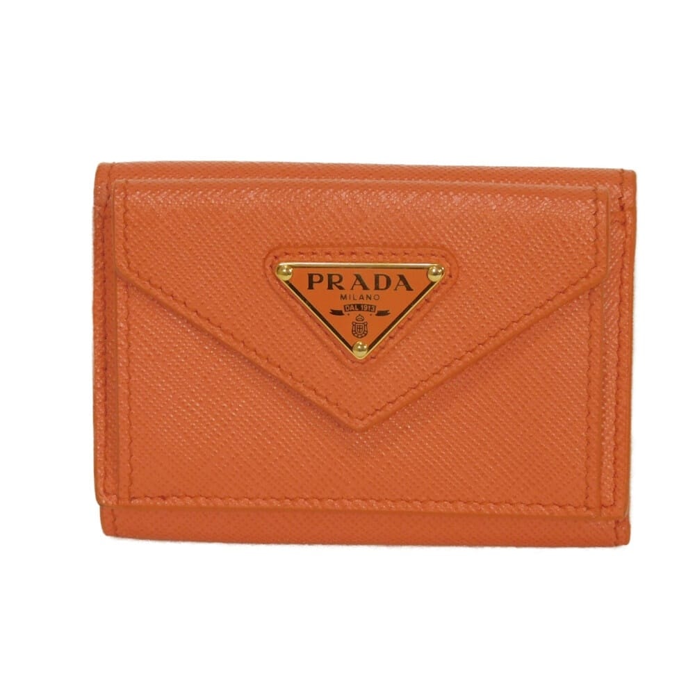 PRADA プラダ サフィアーノ ミニ ウォレット カーフ ゴールド スナップボタン 札入れ カードケース コインケース RFID ICチップ  トライアングルロゴ オレンジ 三つ折り財布 1MH021 QHH