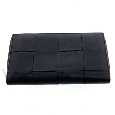 BOTTEGAVENETA ボッテガヴェネタ マキシイントレチャート ジップラウンドウォレット 長財布 651368 レザー ブラック メンズ【中古】