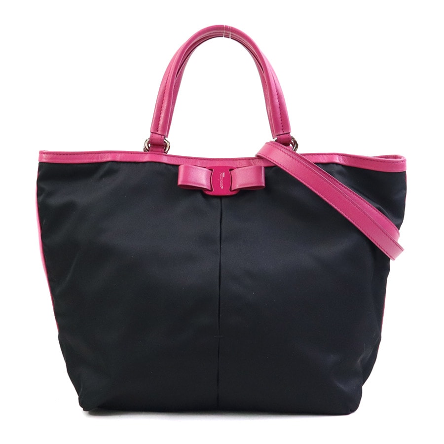 サルヴァトーレフェラガモ Salvatore Ferragamo ハンドバッグ ショルダーバッグ ヴァラリボン ナイロン/レザー ブラック×ピンク レディース【中古】 h31963a