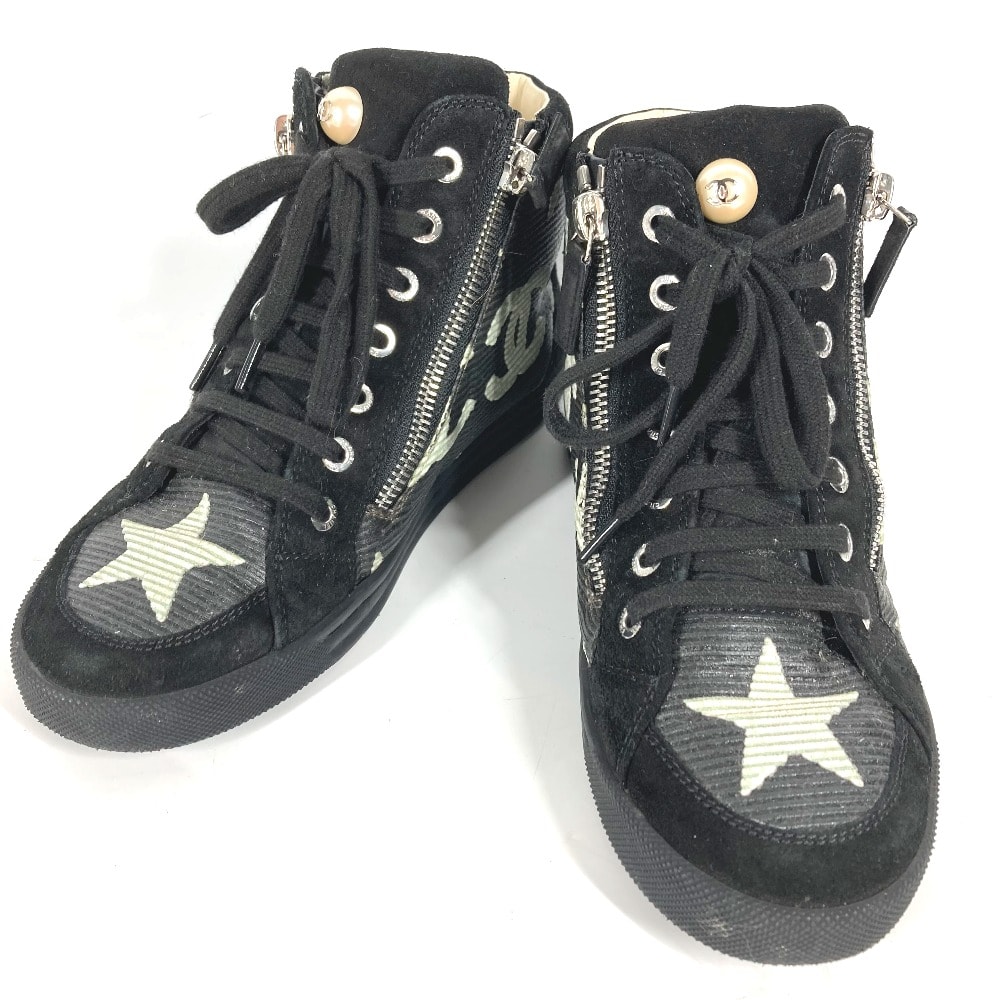 シャネル CHANEL スター フェイクパール ジップ 星 G30243 14A CC ココマーク ハイカット 靴 シューズ スニーカー キャンバス/レザー ブラック