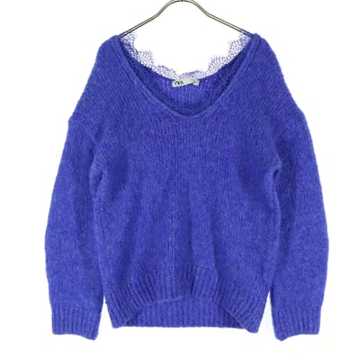 美品 ZARA ザラ 長袖 襟元レース使い セーター S ブルー系