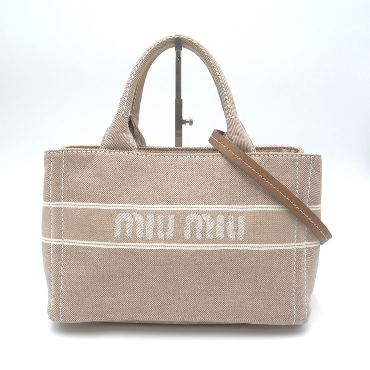 MIU MIU(ミュウミュウ)ロゴ デニム トートバッグ ハンドバッグ 2WAY ショルダーバッグ ベージュ系 レザー シルバー金具 レディース【中古】