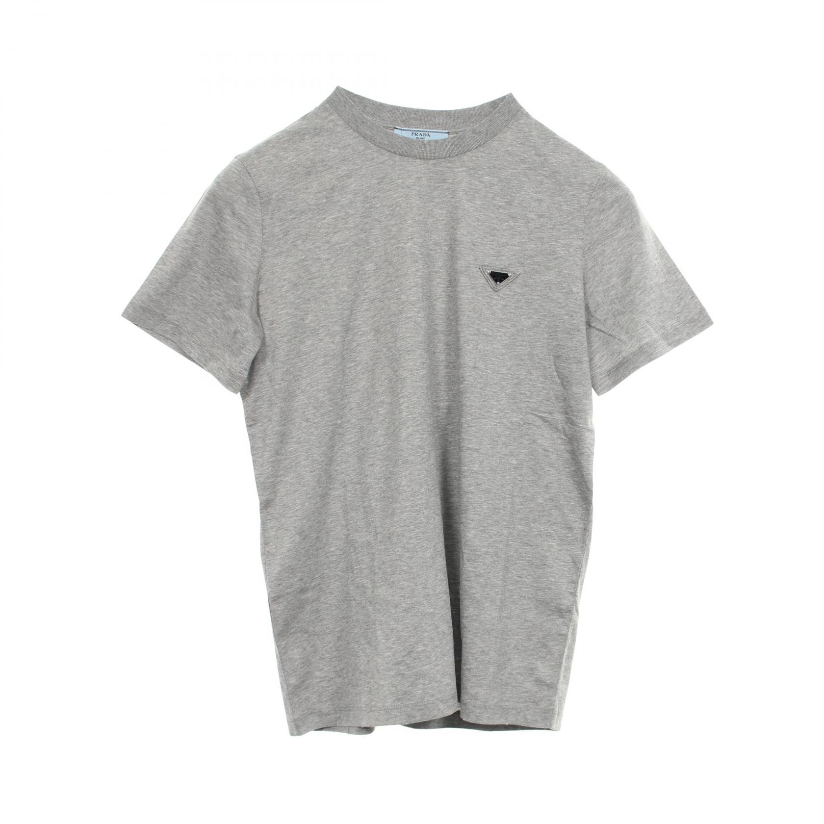 プラダ PRADA トライアングルロゴ ダメージ加工 半袖Tシャツ 衣料品 トップス コットン レディース グレー系 【中古】