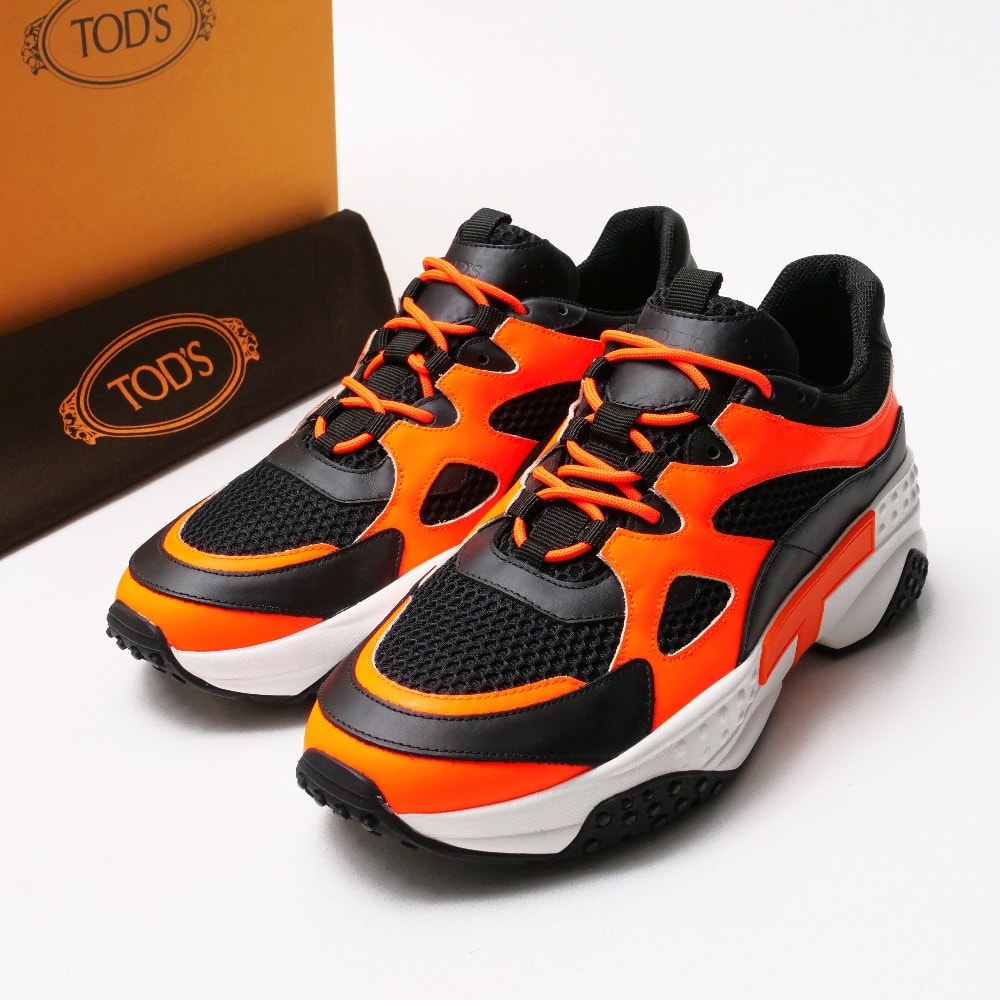 ■未使用品■TOD’S トッズ Modello Active Sportivo 57B スニーカー サイズ7 1/2 靴 ローカット レザー メッシュ オレンジ / ブラック イタリア製 20250421/RA4189