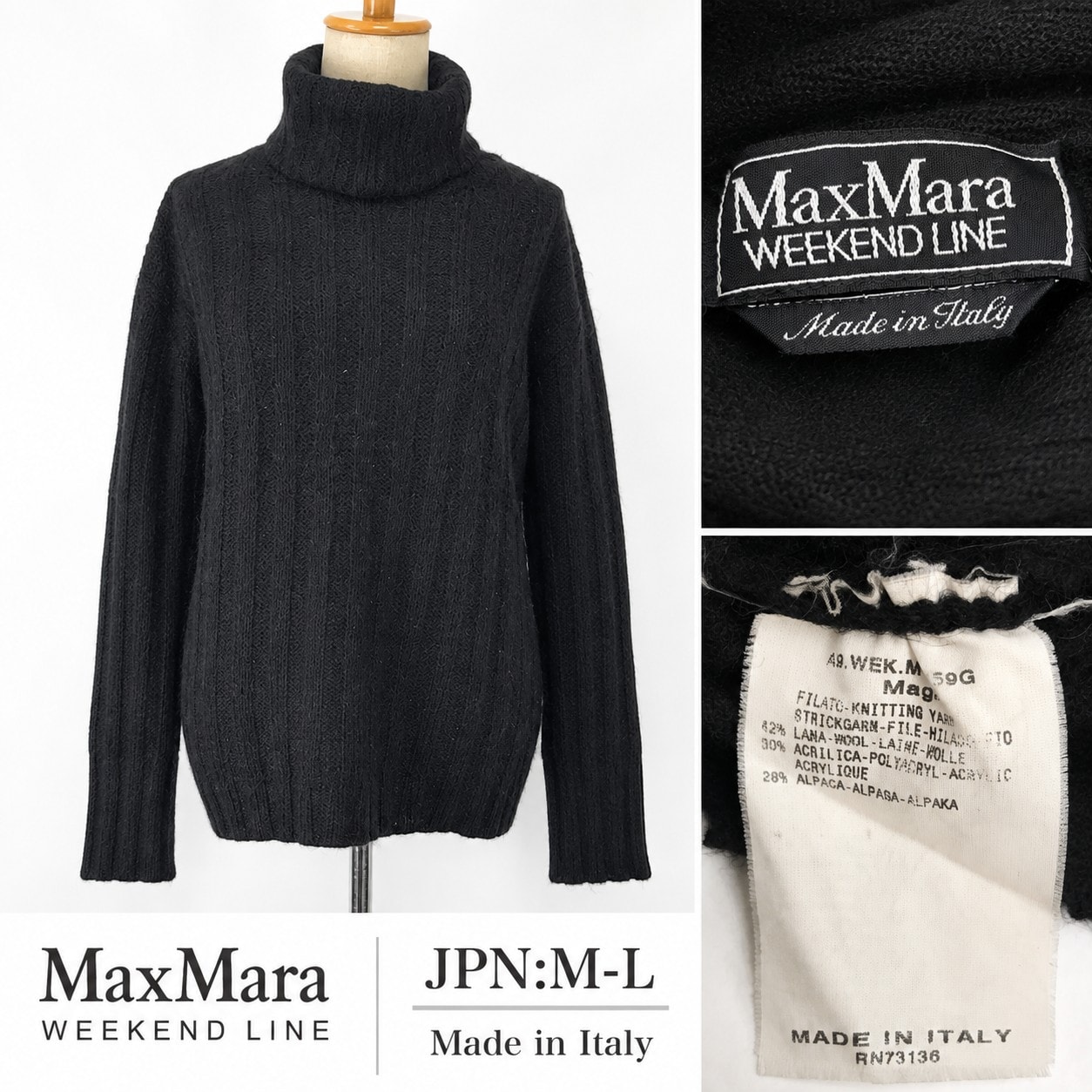 イタリア製★MAX MARA/マックスマーラ★アルパカ混タートルネックニットセーター【レディースM-L程度/黒/black】Tops/sweater/knit◆BJ149-c