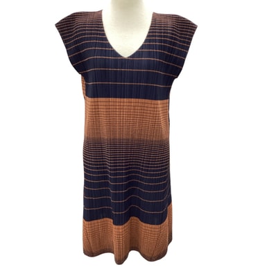 ISSEY MIYAKE イッセイミヤケ PLEATS PLEASE 変形 チュニック ワンピース SIZE 4 ネイビー×ブラウン