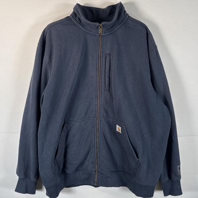 古着 カーハート Carhartt スウェット トレーナー 大きいサイズ フルジップ ワンポイントロゴ オリジナルフィット 2XL ネイビー系 メンズ
