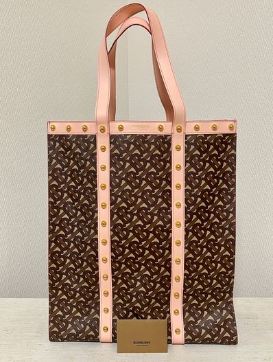 Burberry Monogram Print E Canvas Portrait Tote Bag "Pink"