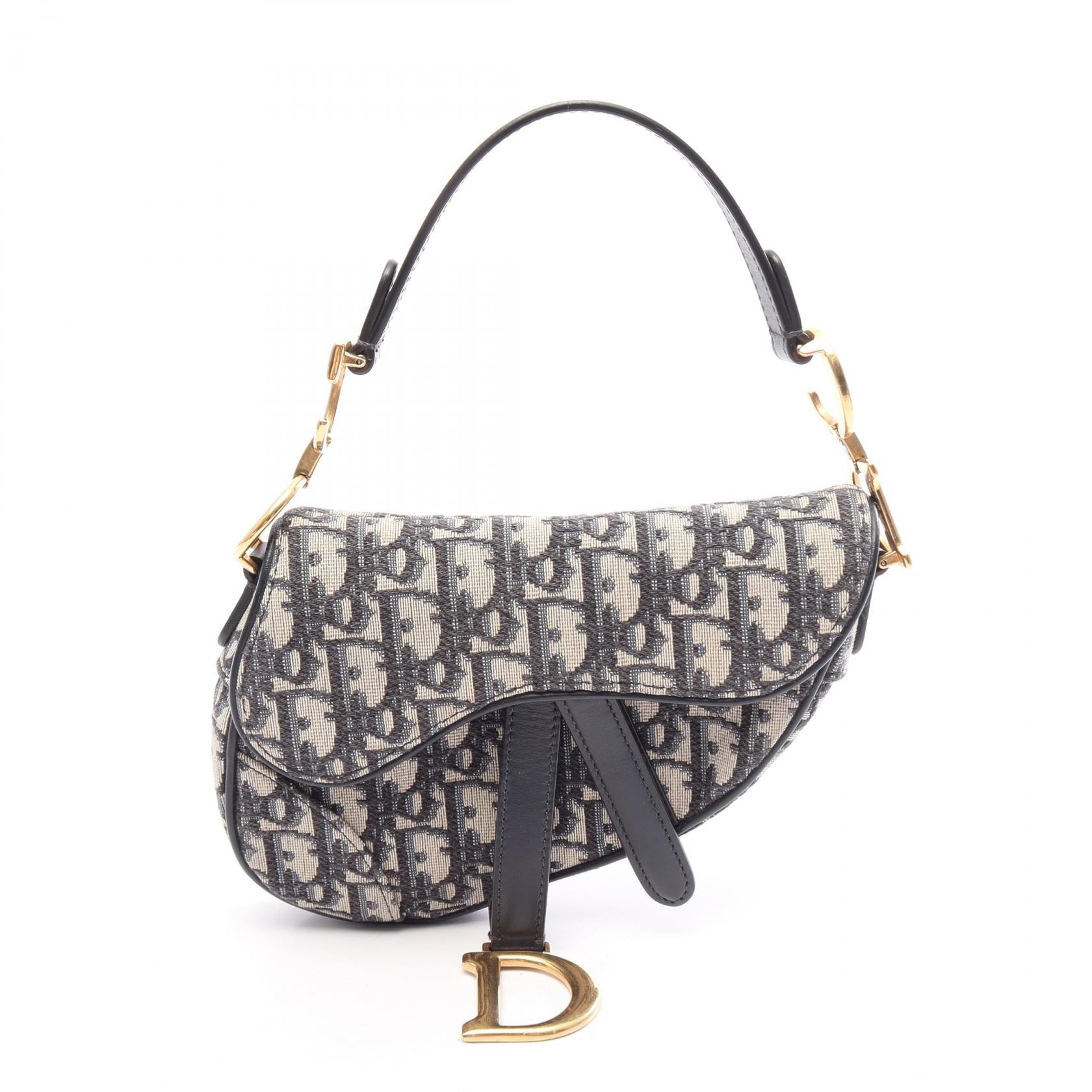 ディオール Dior サドルバッグ ミニ オブリークジャカード ハンドバッグ バッグ キャンバス レザー レディース ベージュ系 / ネイビー系 【中古】