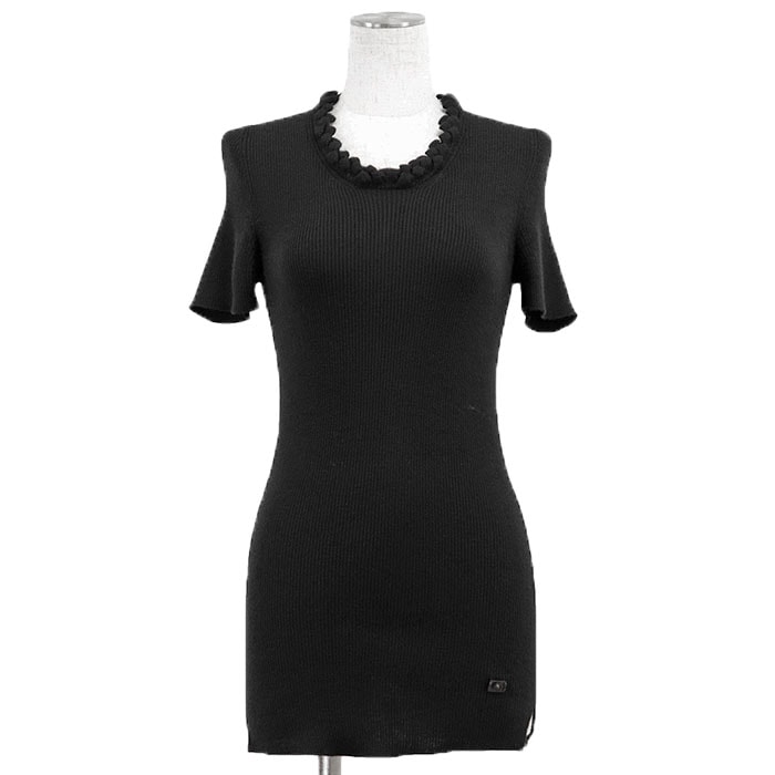 SALE【美品】CHANEL シャネル リブニット カシミヤ100% P42530 2011-2022年製 COCOマーク ロゴ チャーム ハイゲージ サイドスリット スカラップ ショートスリーブ 半袖 トップス レディース 42 ブラック 黒 イタリア製