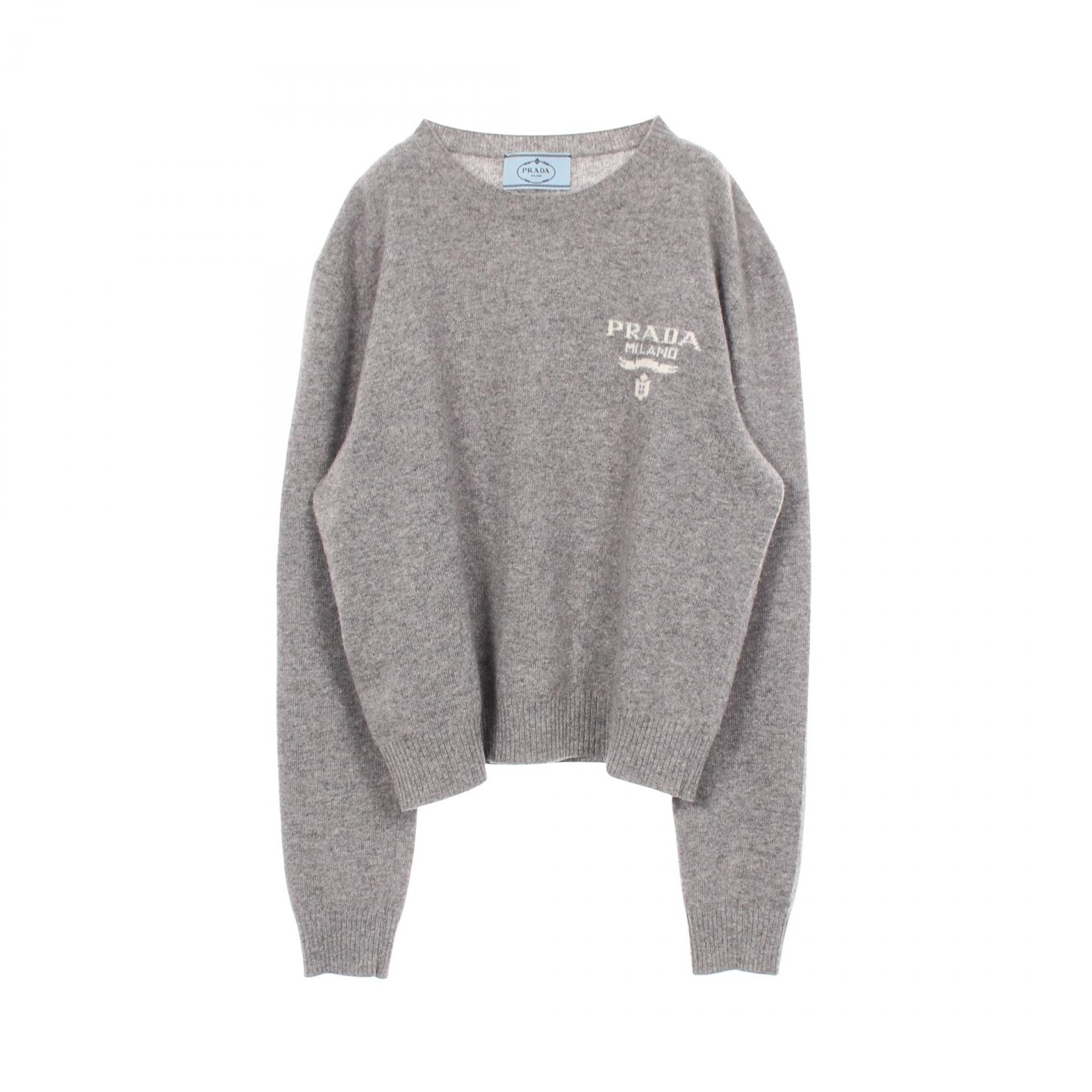 プラダ PRADA インターシャ ロゴ ニット 衣料品 トップス ウール カシミヤ レディース グレー系 【中古】