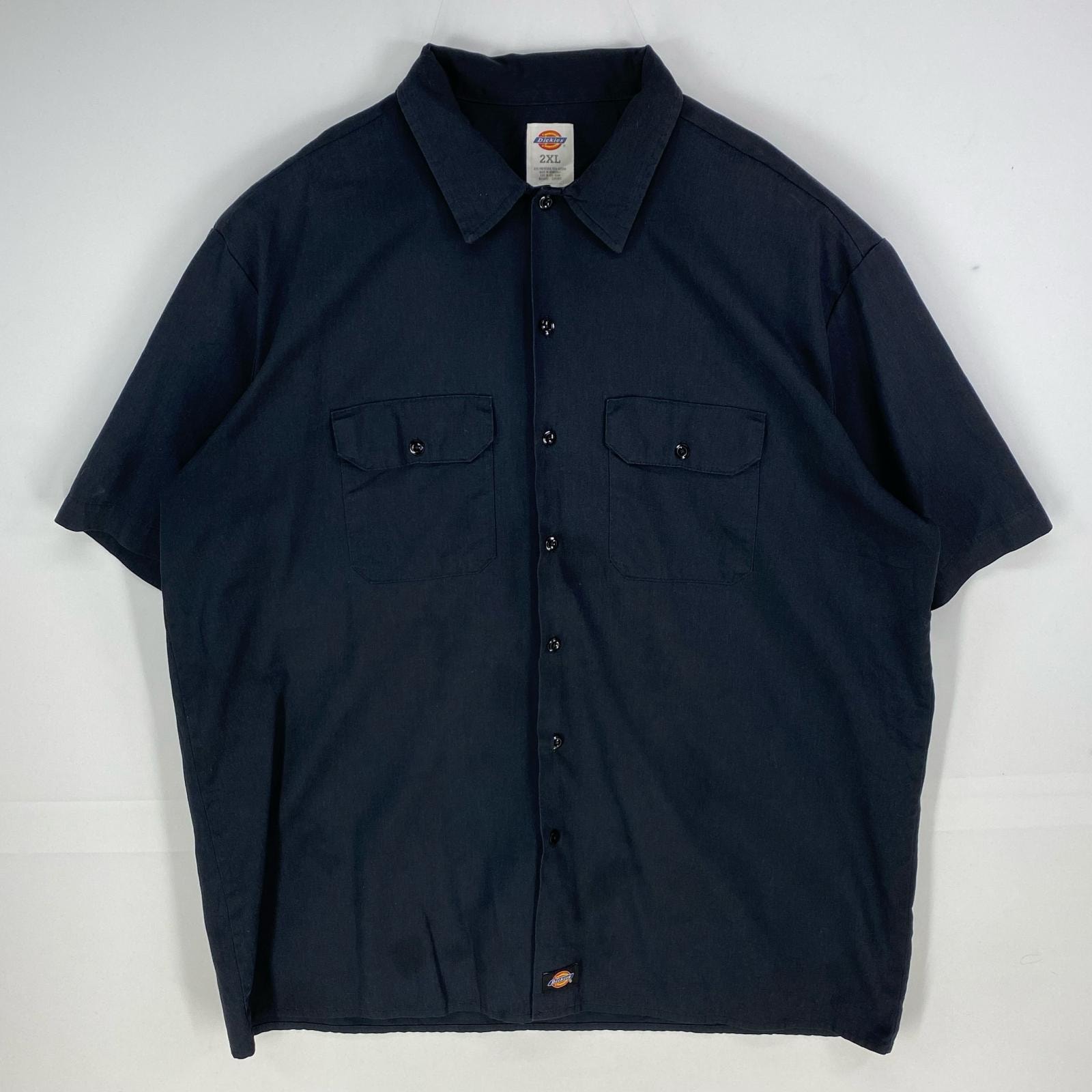 古着 ディッキーズ Dickies 半袖シャツ ワーク ボタンダウン 胸ポケット 大きいサイズ 2XL ブラック系 無地 メンズ