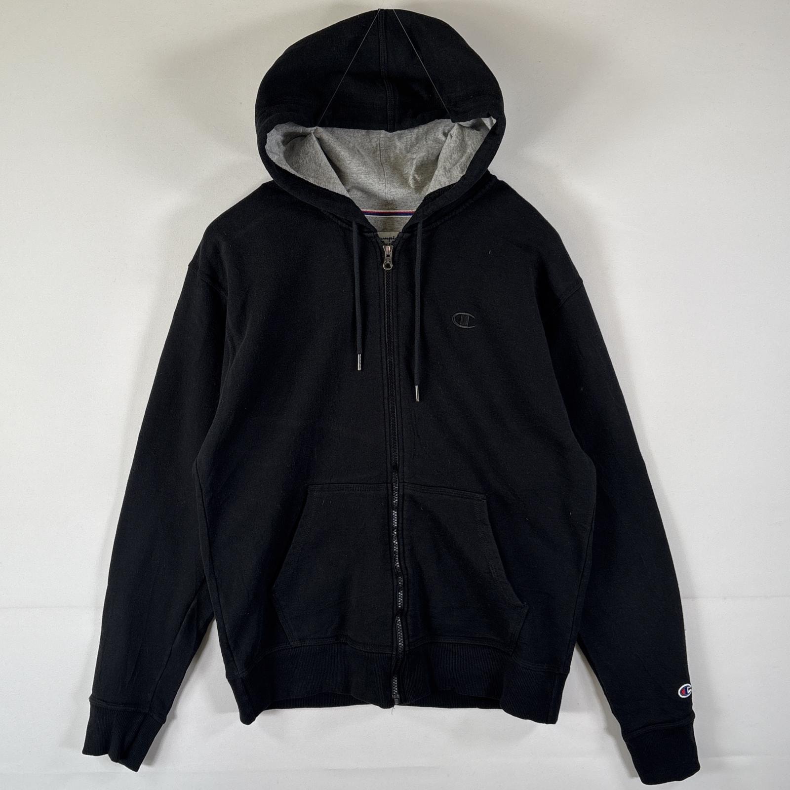 古着 チャンピオン Champion パーカー スウェット フーディ フルジップ ワンポイントロゴ刺繍 ワッペン M  ブラック メンズ