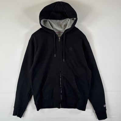 古着 チャンピオン Champion パーカー スウェット フーディ フルジップ ワンポイントロゴ刺繍 ワッペン M ブラック メンズ