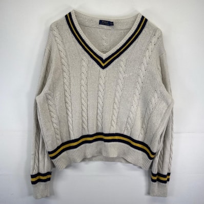 古着 ポロ・ラルフローレン POLO RALPH LAUREN ニット 大きいサイズ Vネック ケーブルニット カシミア 2XL ベージュ メンズ