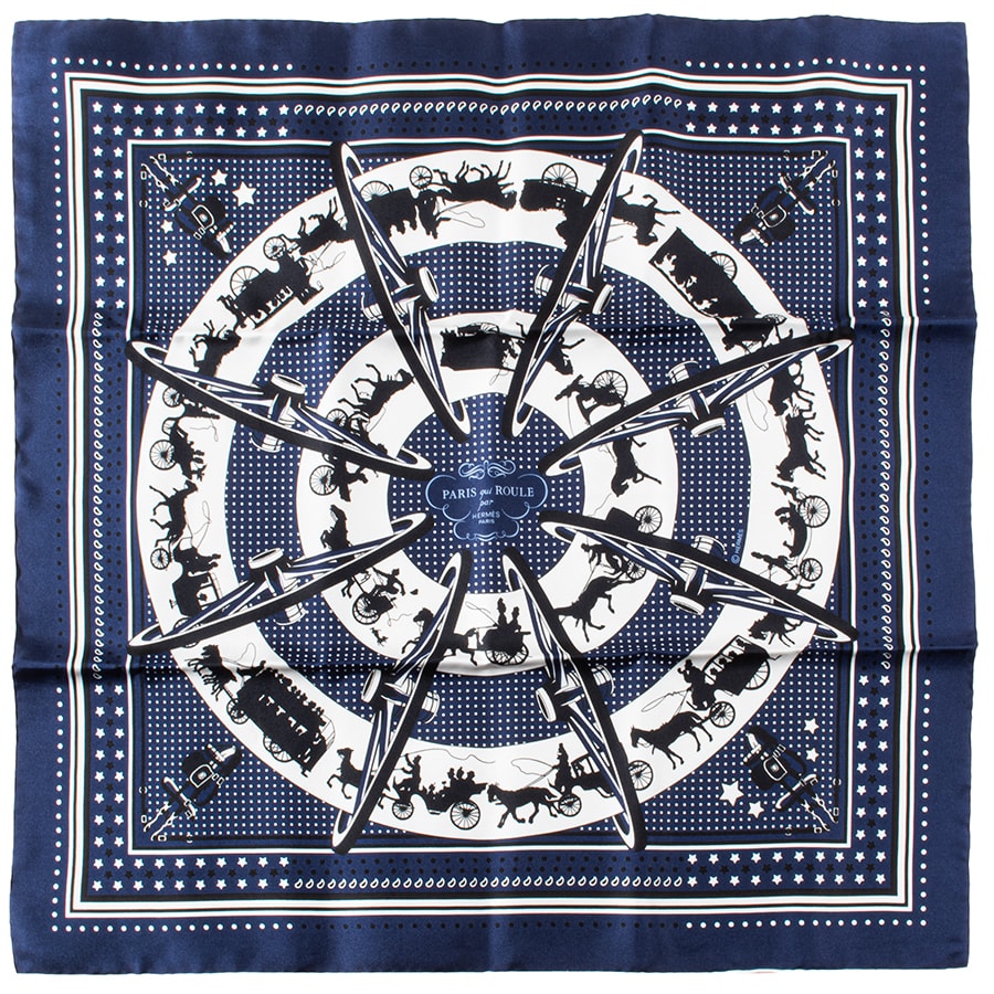 HERMES エルメス カレ55 Paris Qui Roule Bamdana 車輪でめぐるパリ バンダナ 044111S 01 スカーフ バンダナ ネイビー ホワイト【中古】