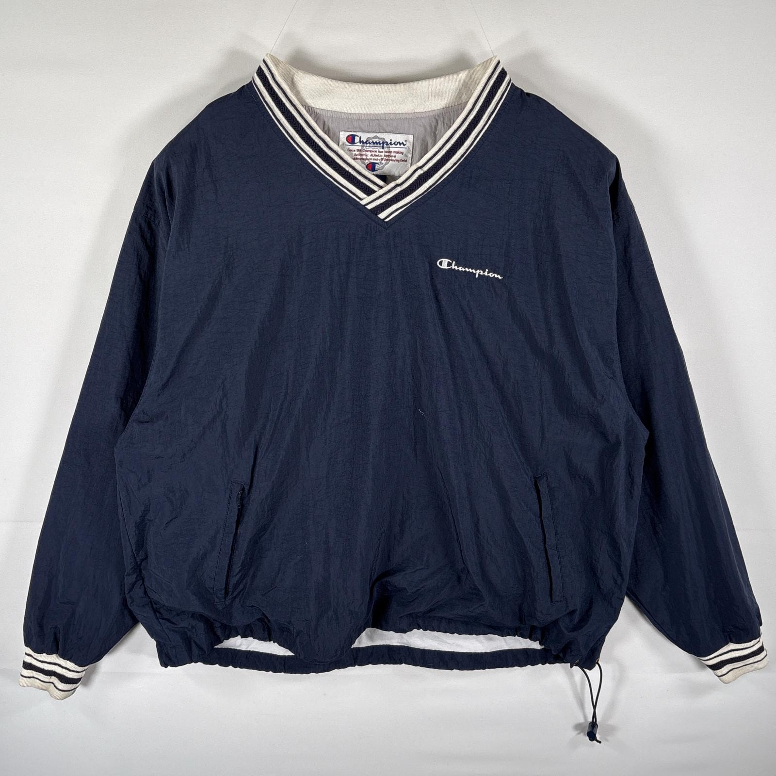 古着 チャンピオン Champion ナイロンジャケット プルオーバー  刺繍ロゴ Vネック ピステ 大きいサイズ 14041  ネイビー メンズ