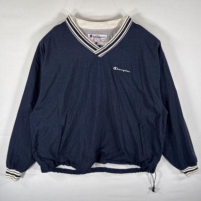 古着 チャンピオン Champion ナイロンジャケット プルオーバー 刺繍ロゴ Vネック ピステ 大きいサイズ 14041 ネイビー メンズ