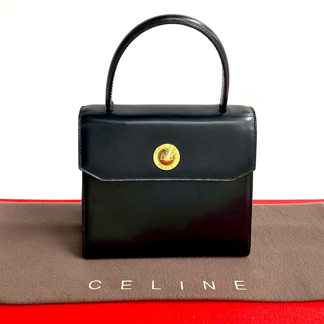 CELINE セリーヌ スターボール 金具 カーフ レザー ハンドバッグ ブラック
 j90-4
