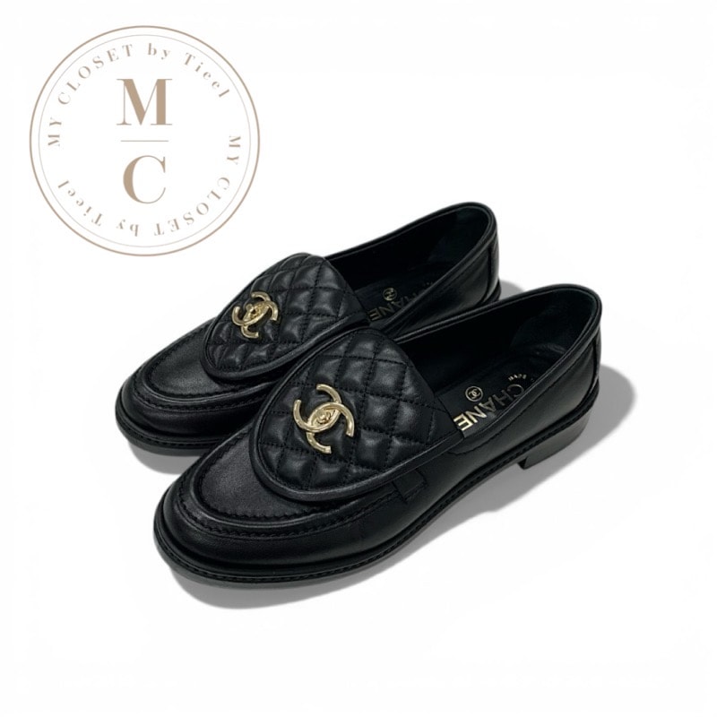 シャネル CHANEL ローファー 革靴 靴 シューズ レザー ブラック ゴールド マトラッセ ターンロック ココマーク