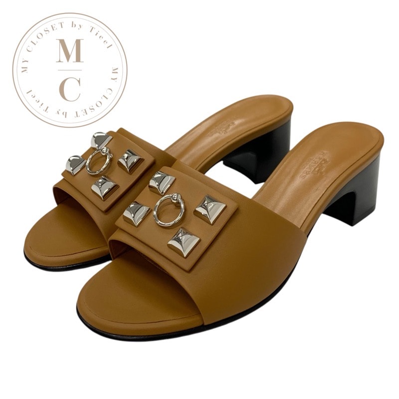 エルメス HERMES ドリーミー サンダル 靴 シューズ レザー ブラウン シルバー 未使用 コリエドシアン ミュール スタッズ