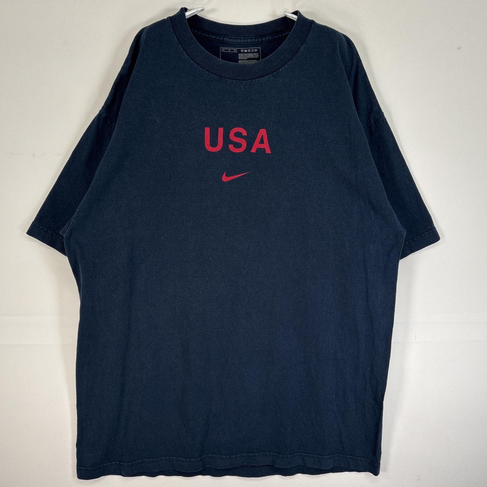 古着 ナイキ NIKE 半袖Tシャツ センタースウッシュ プリント ロゴ 大きいサイズ 肉厚 USA XL  ネイビー メンズ