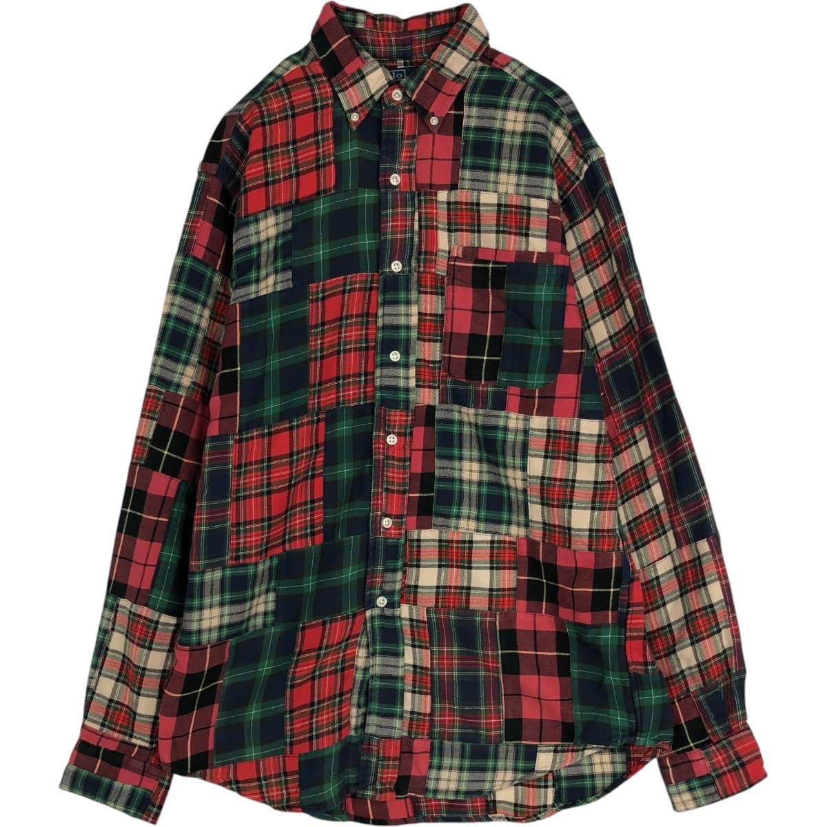 古着 ラルフローレン Ralph Lauren POLO by Ralph Lauren CUSTOM FIT パッチワーク 長袖 ボタンダウン ライトネルチェックシャツ メンズM相当/eaa677138