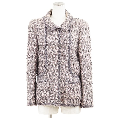 CHANEL シャネル ヴィンテージ ツイードジャケット サイズ 42 レディース COCOマーク ボタン フリンジ アウター ピンク マルチカラー フランス製
