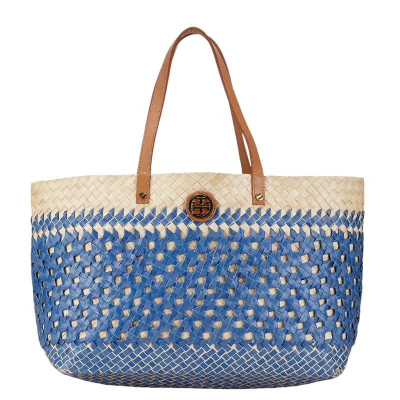 トリーバーチ トートバッグ カゴバッグ ブルー ベージュ ラフィア レザー レディース Tory Burch 中古