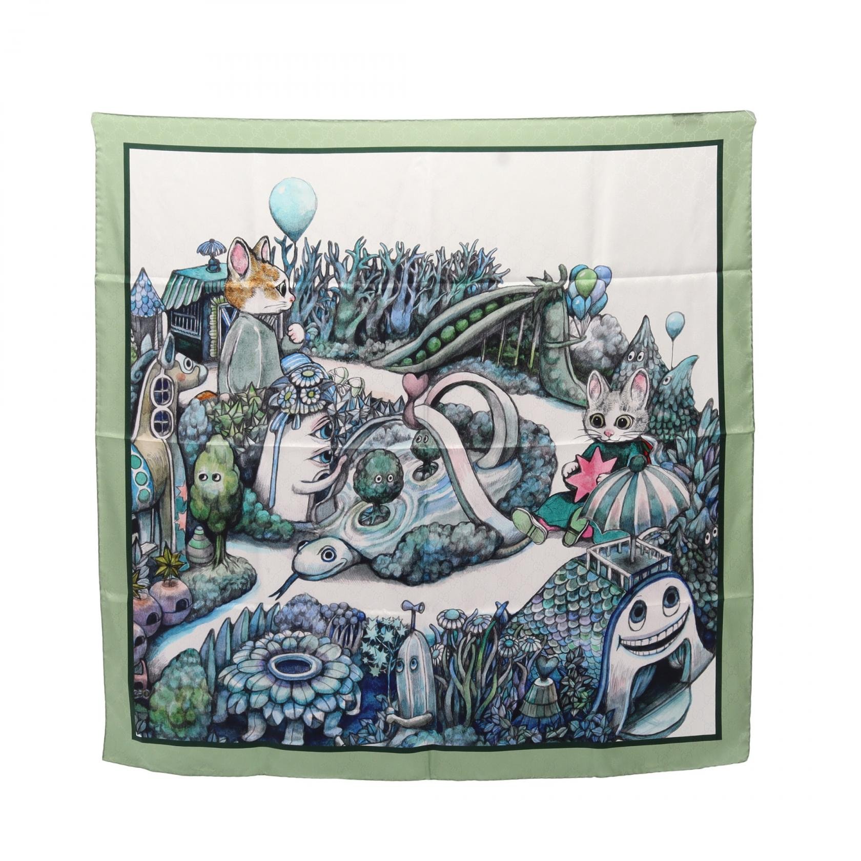 グッチ GUCCI GUCCI × ヒグチユウコ GG柄 スカーフ 衣料品 シルク レディース グリーン系 / マルチカラー 863477 【中古】