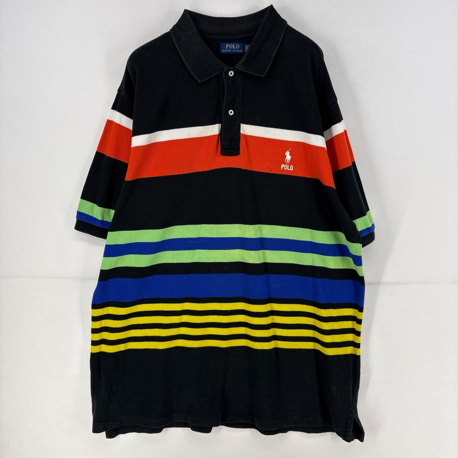 古着 ポロ・ラルフローレン POLO RALPH LAUREN 半袖シャツ ワンポイント 刺繍 ポニー マルチカラー ボーダー XLT ブラック系 メンズ