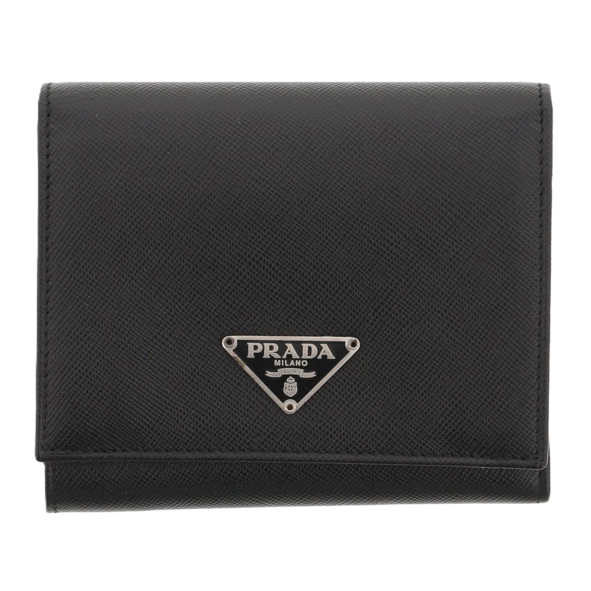 【値下げ】PRADA プラダ サフィアーノ 三つ折り財布 三つ折り財布 M176A レザー ブラック シルバー金具  メンズ【中古】