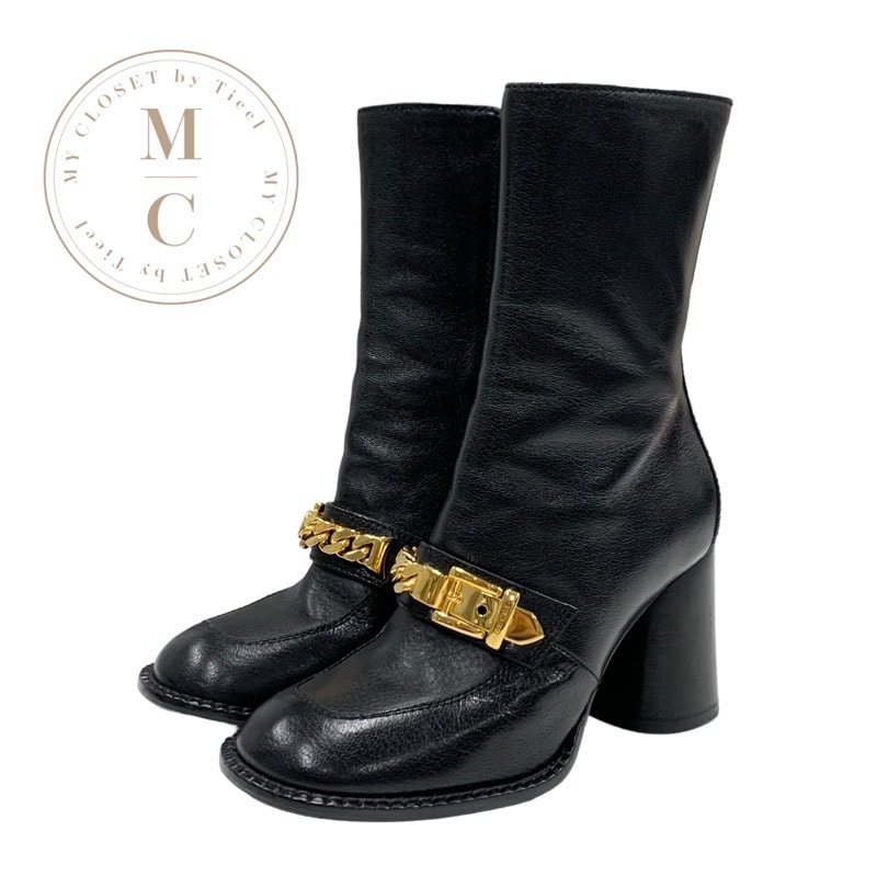 グッチ GUCCI ブーツ ショートブーツ 靴 シューズ レザー ブラック 黒 ゴールド チェーンベルト