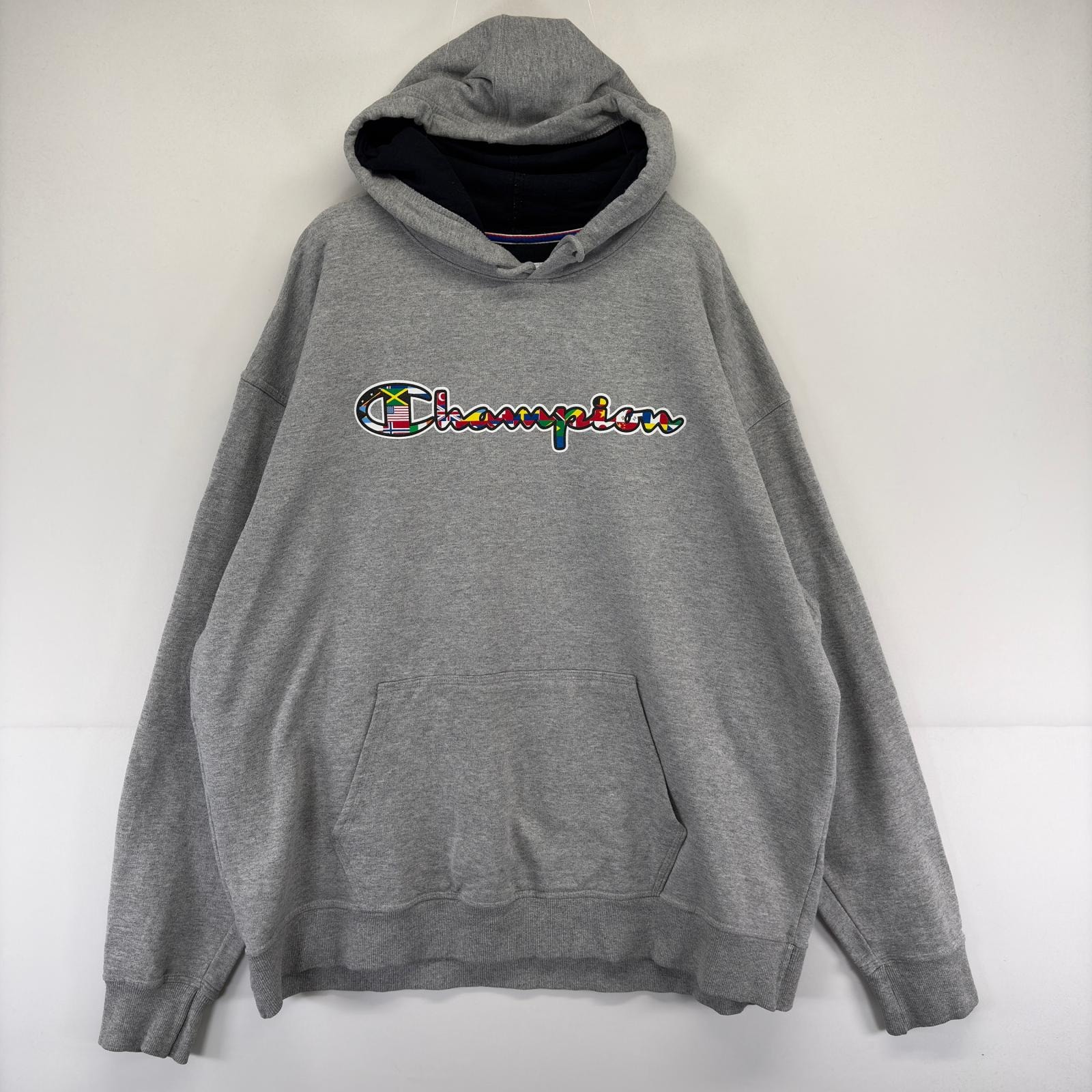 古着 チャンピオン Champion パーカー スウェット プルオーバー ロゴ プリント 大きいサイズ 2XL  グレー メンズ