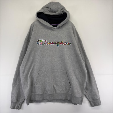 古着 チャンピオン Champion パーカー スウェット プルオーバー ロゴ プリント 大きいサイズ 2XL グレー メンズ