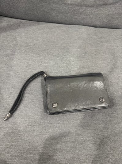 Chrome Hearts 2-Zip Wallet Cross Button Strap Black Leather "Black"