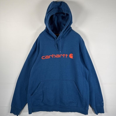古着 カーハート Carhartt パーカー 大きいサイズ フード紐 肉厚 マフポケット ラグラン ビッグロゴプリント FORCE XL ブルー メンズ