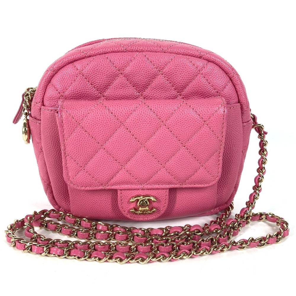 シャネル CHANEL CC ココマーク マトラッセ キルティング チェーンバッグ 斜め掛け ポシェット ショルダーバッグ キャビアスキン ピンク 美品